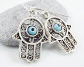 Hamsa - Hand of Fatima Dangly Earrings - Pale Blue Lucky & Protective Artisan Glass Evil Eye - Nazar