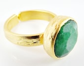 Emerald Green Round Jade Stone Adjustable Cocktail Statement Ring - 22k Matte Gold Plated - 1PC