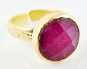 Garnet Red Round Jade Stone Adjustable Cocktail Statement Ring - 22k Matte Gold Plated - 1PC