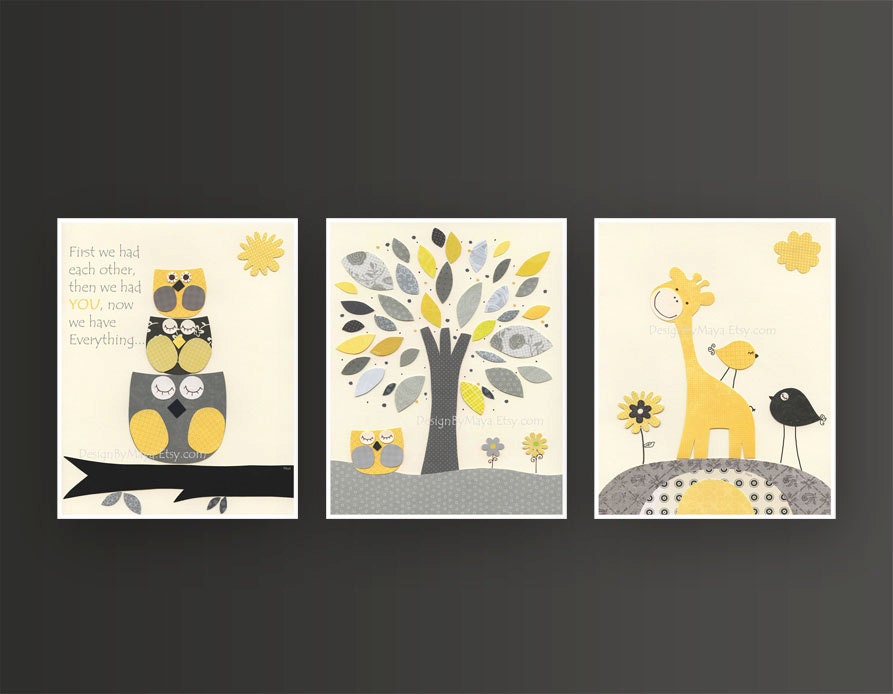 Baby Room Decor, Nursery Art kids, baby boy room art, yellow and gray, set of 3 11x14, giraffe, baby owl nursery