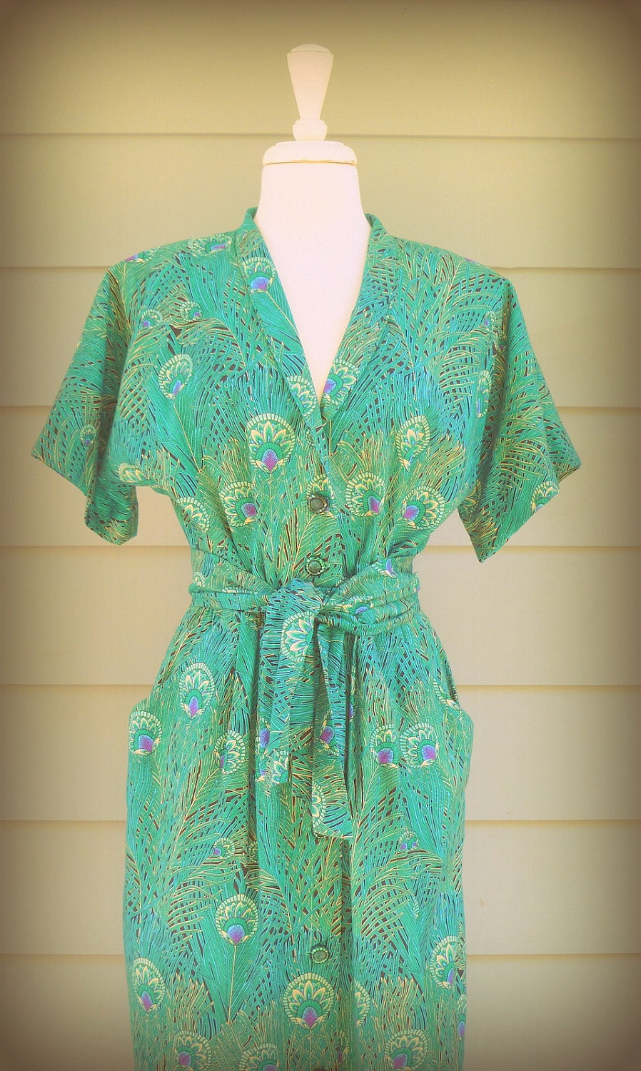 Green and turquoise peacock printed Dolman midi dress