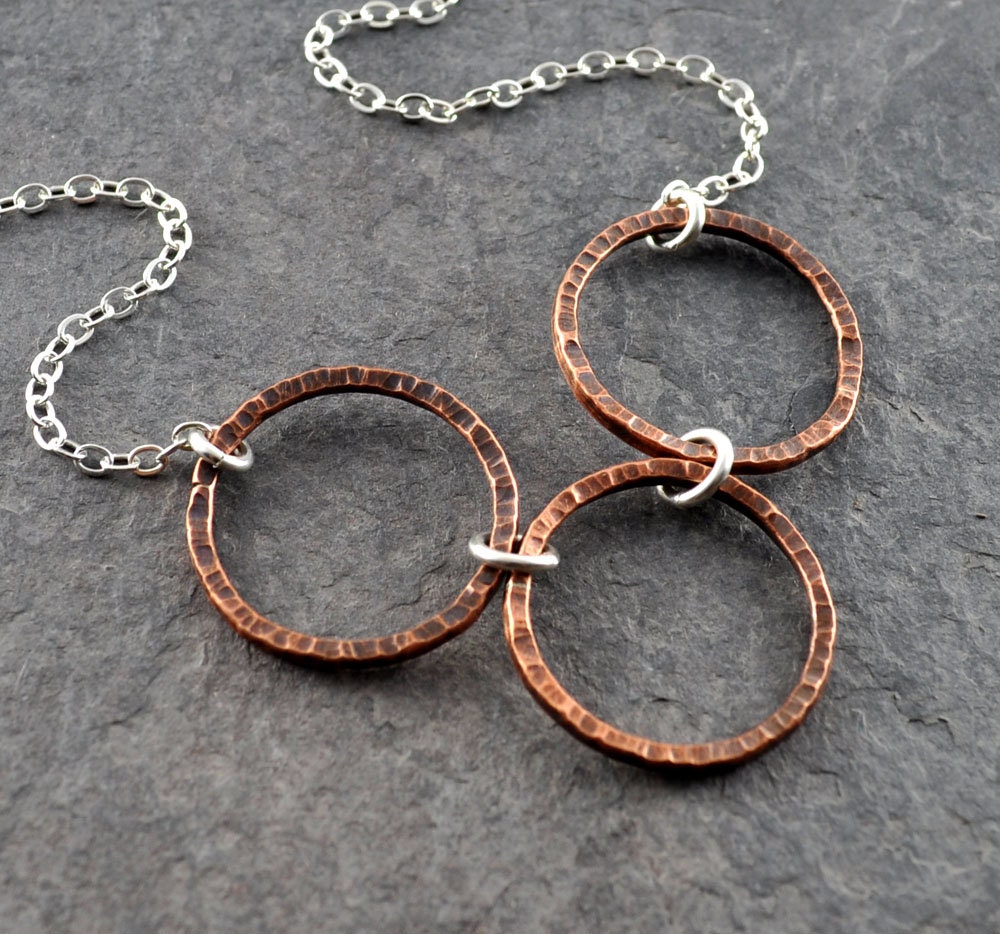 Hand Forged / Hammered Copper Hoop Necklace, Mixed Metal Jewelry