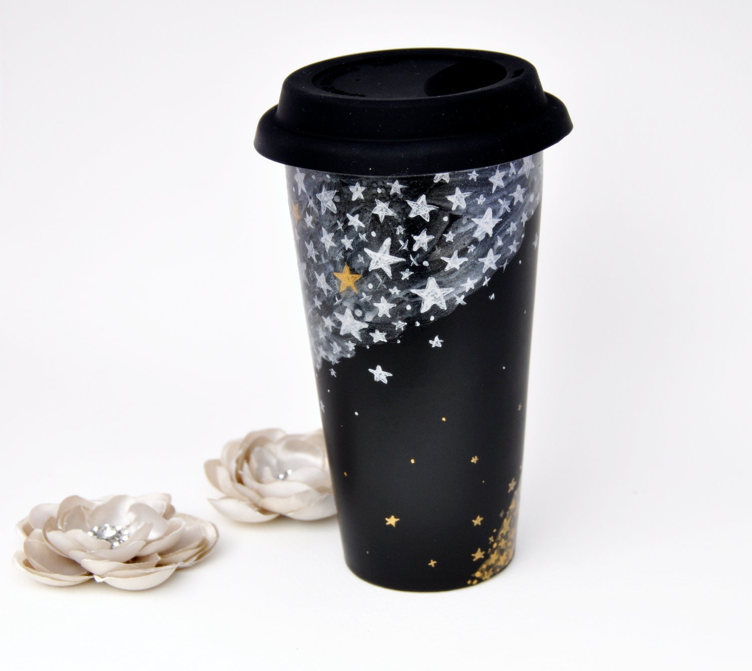 Black Ceramic Travel Mug - Hand Painted Silver and Gold Stars Chalkboard Eco Cup - Silicon Lid - PictureInADream