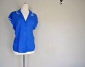 CLEARANCE  1960s Blue Sleep Shirt - Pajama Top - Cotton Embroidered Shirt