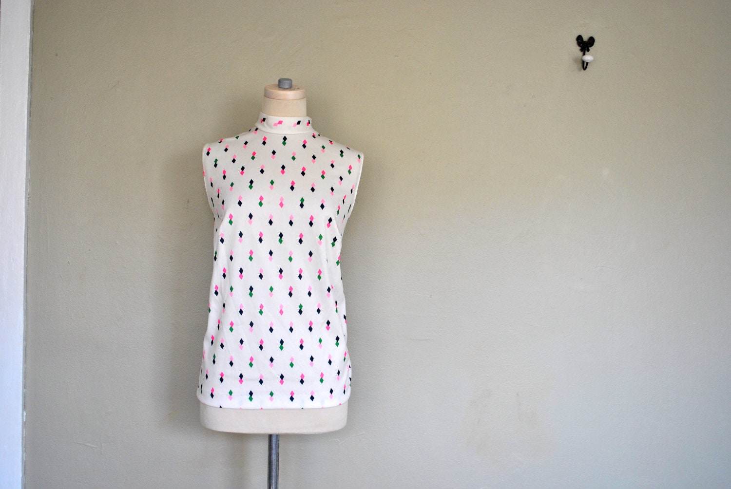 70s Bright Diamonds Tank Top - Large Vintage Top - Multicolored Diamonds 70s Shirt
