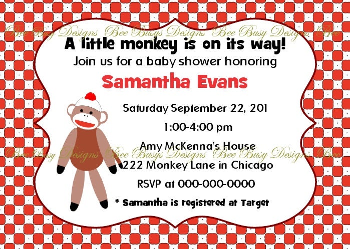 Printable Sock Monkey Baby Shower Invitation