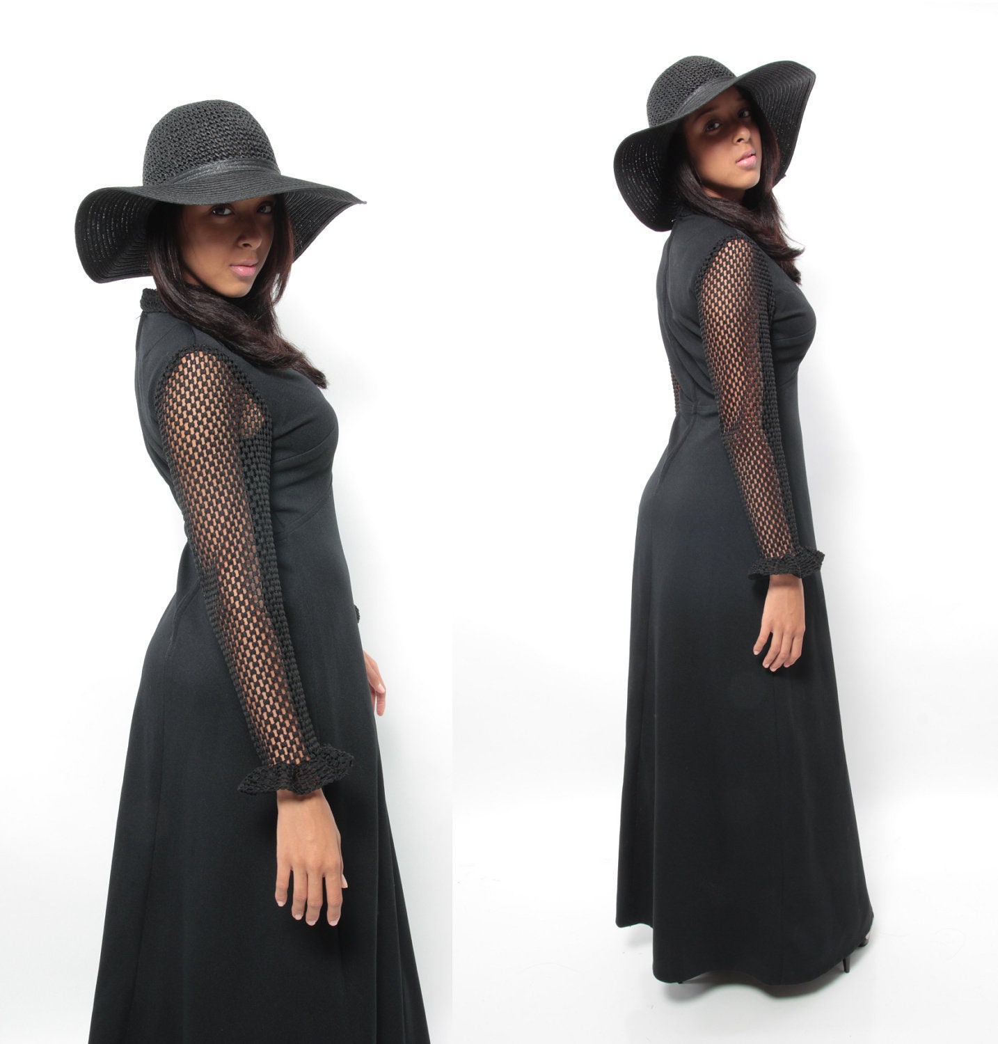 70s Disco Party Prom Dress - Vintage Black Designer MAXI DRESS w/ Fishnet Sleeves/Empire Waist/Rhinestone Buttons -Size 5/6 Small/S