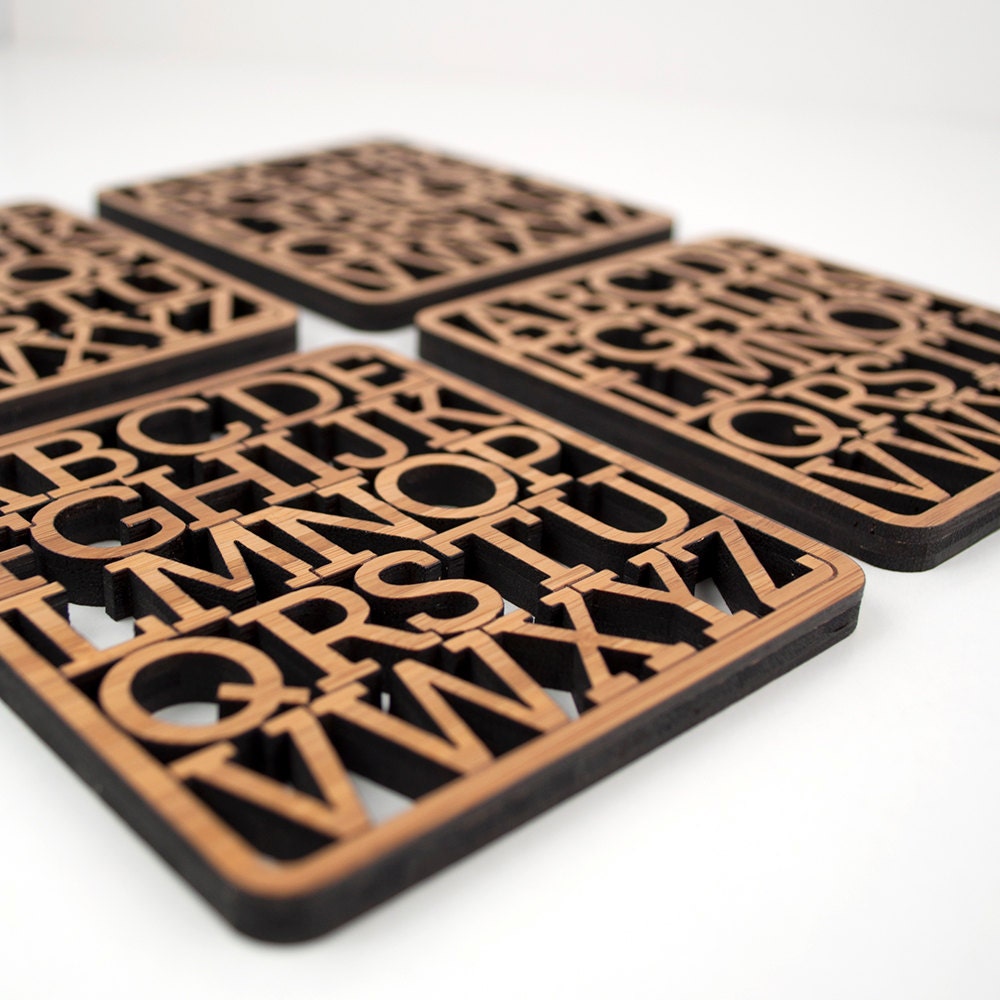 Bamboo Alphabet Coasters: Modern Typography Wood Coasters (Set of 4)