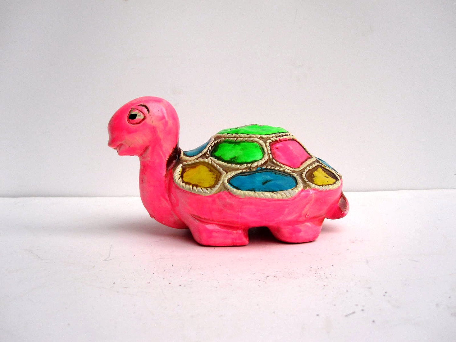 Piggy Bank - Neon Hot Pink Ceramic Turtle Bank - 1960s Retro Kitsch