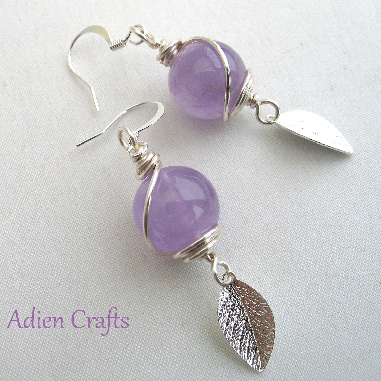 Amethyst Earrings with Leaf Charm Purple Dangle Earrings Summer Colours