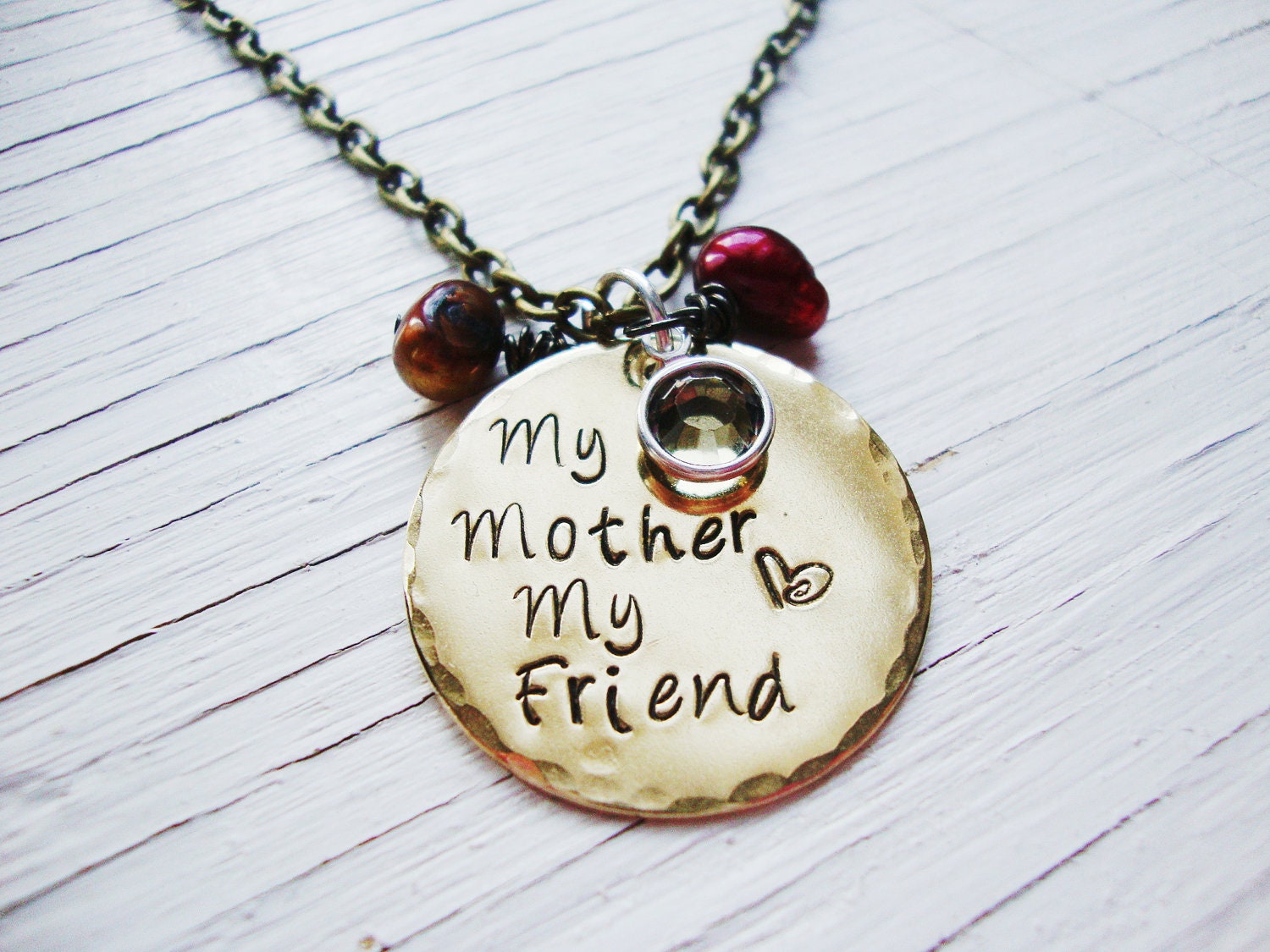 My mother my friend brass handstamped necklace with freshwater pearls and crystal