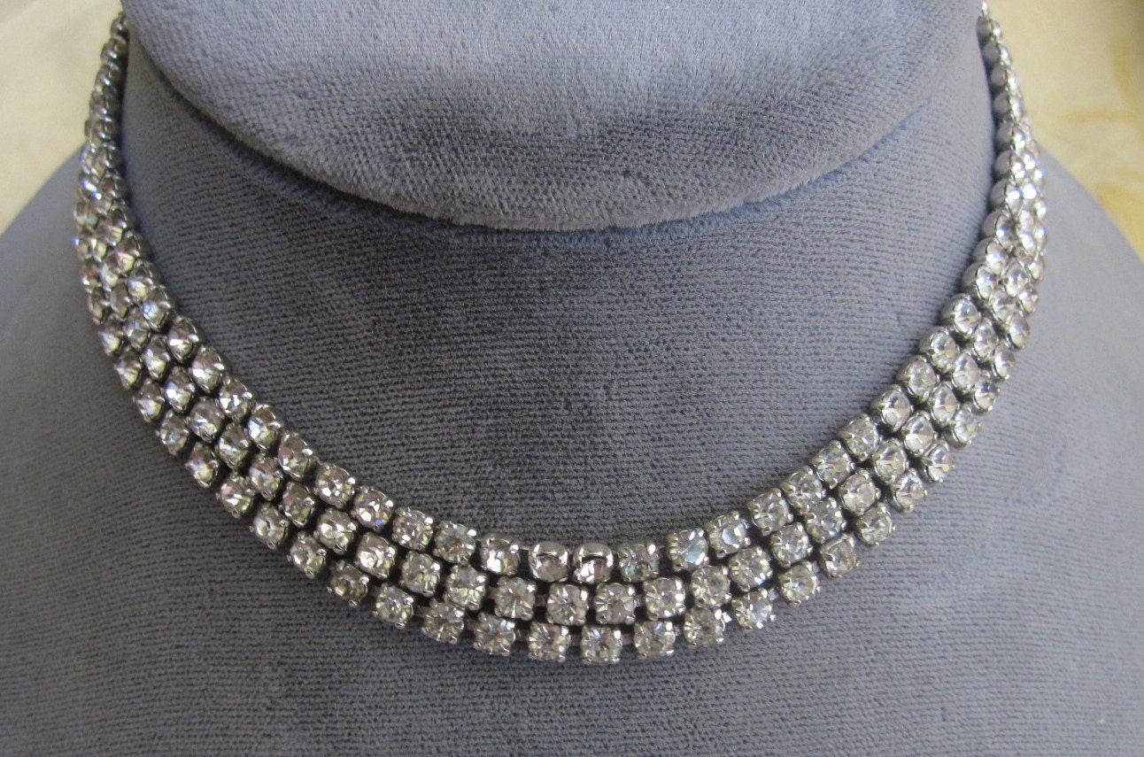 Vintage 3 Row Rhinestone Choker Necklace by CornermouseHouse