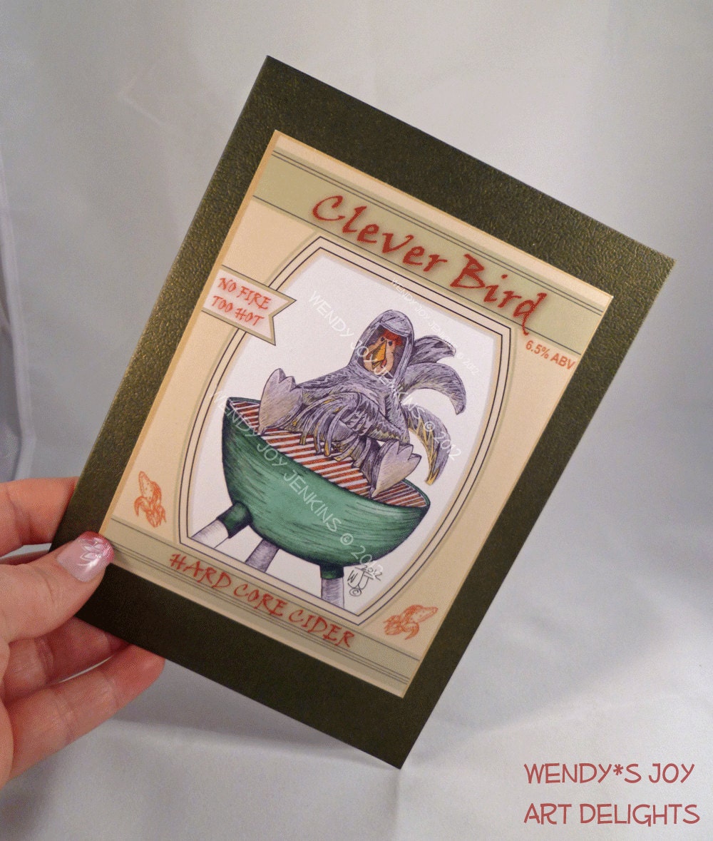 Clever Bird - 5 Blank Notecards - faux cider label design on metallic gold-green cardstock