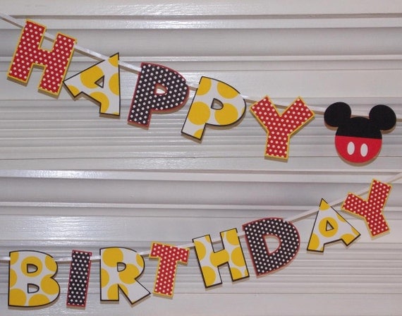 Mickey Mouse Happy Birthday Letter Banner ... Red Yellow Black ... polka dots and stripes ... adjustable Il_570xn