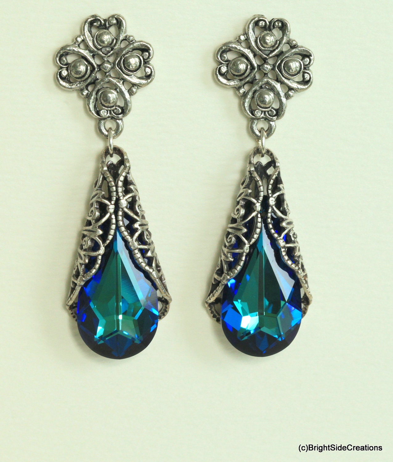 Fit for a Queen Victorian Filigree Post Earrings in Antique Silver with  Peacock Blue Swarovski Crystals