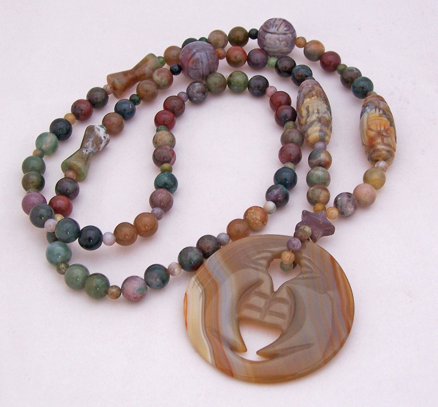 Carved Stones, Long Necklace, Gemstone Necklace, Green, Grey, Brown Necklace, Handmade Jewelry - evecollection