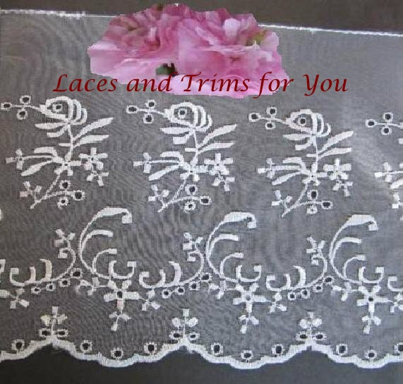 2 Yards White Embroidered Organza Bridal Trim Lace 7 inch wide Fabric Trim I03C