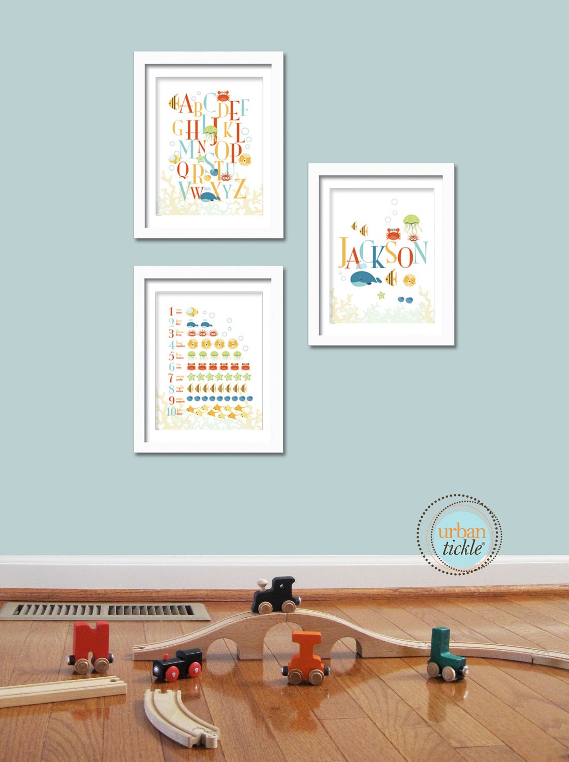 Seaworld, Set of 3 Prints, Art for Child's room or Nursery - Personalized ABC and 123 Deep Blue Sea - 8.5X11 Inhces