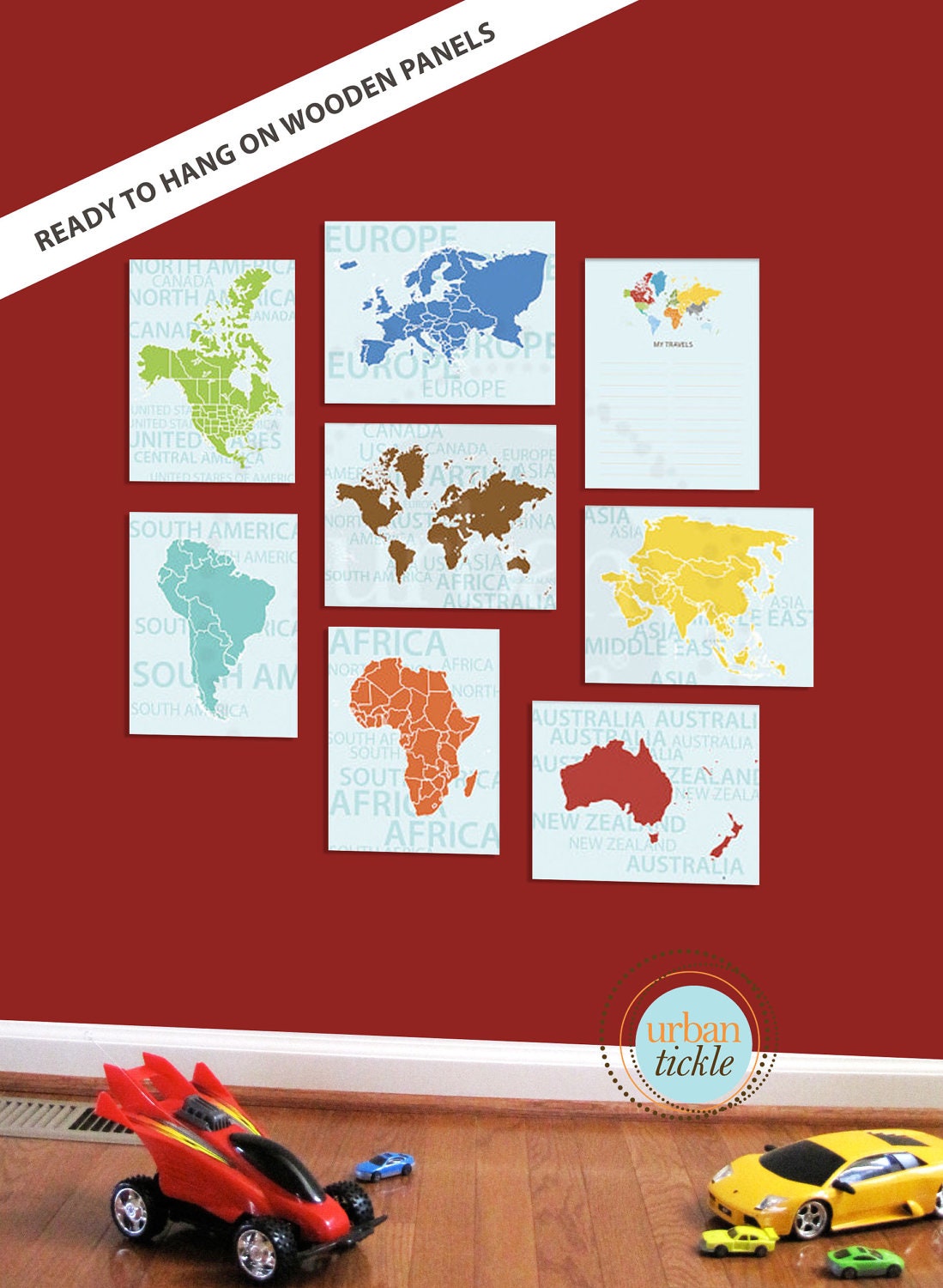 FRAMED World Map Art for Nursery, Continents, Set of Eight, 11X14 Inches, Playroom decor, Baby Gift, Nursery Decor, Educational gift