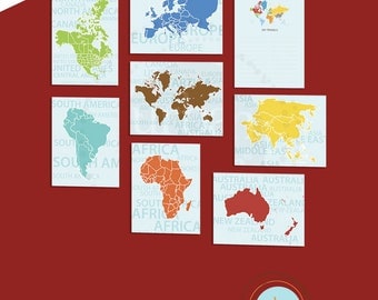 FRAMED World Map Art for Nursery, Continents, Set of Eight, 11X14 Inches, Playroom decor, Baby Gift, Nursery Decor, Educational gift