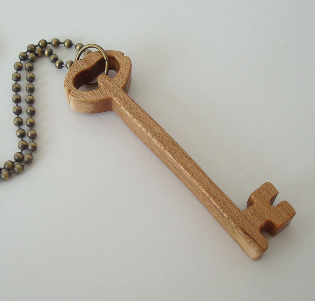 Skeleton Key Necklace Wooden Pendant Scroll by OohLookItsARabbit