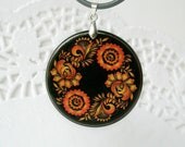 Black And Orange Flower Khokhloma Necklace, Russian Folk Art