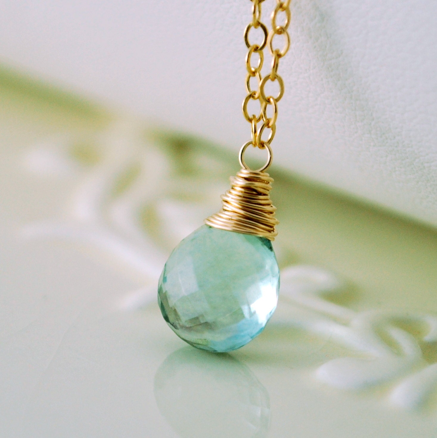 Fluorite Gemstone Necklace Simple Gold Jewelry Wire Wrapped AAA Solitaire Aqua Blue Green Semiprecious Stone