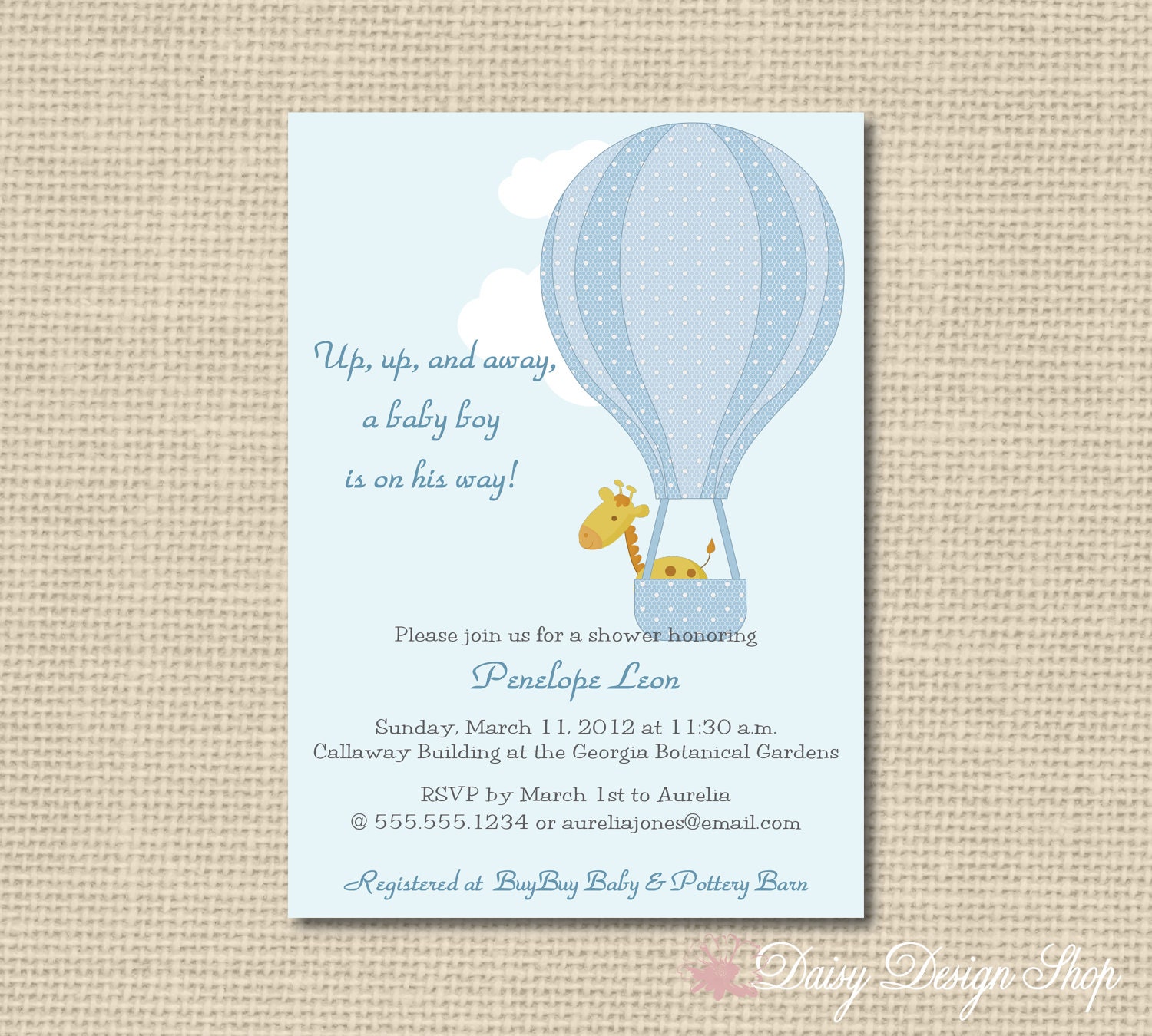 Baby Shower Invitation - Hot Air Balloon and Safari Animal - Polka Dots for a Baby Boy