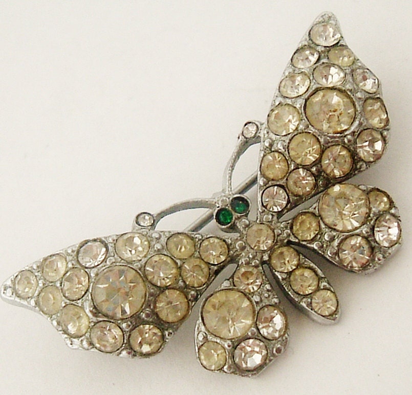 French paste butterfly silver tone brooch. - Lyonesse4gems