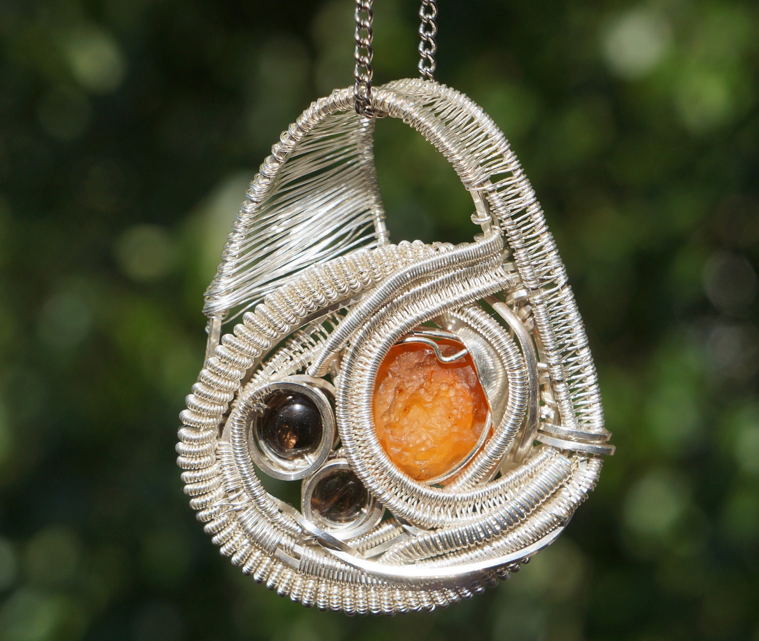 Wire Wrapped Jewelry - Smokey Quartz, Orange Crystal Gemstone Pendant Necklace Sterling Silver //FREE SHIPPING//