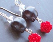 Sugar Skull and Red Rose Earrings