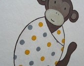 welcome NEW BABY bamboo hand painted 5x7 greeting card : swaddled monkey in yellow & grey polka dots - new baby card