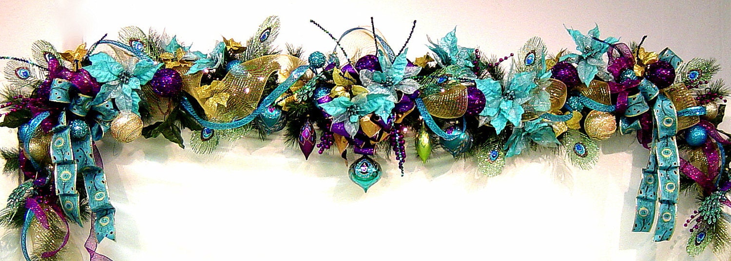 Custom Christmas Mantel Garland Peacock Turquoise Purple Lime Peacock Feathers OveR the ToP SaLe by Cabin Cove Creations