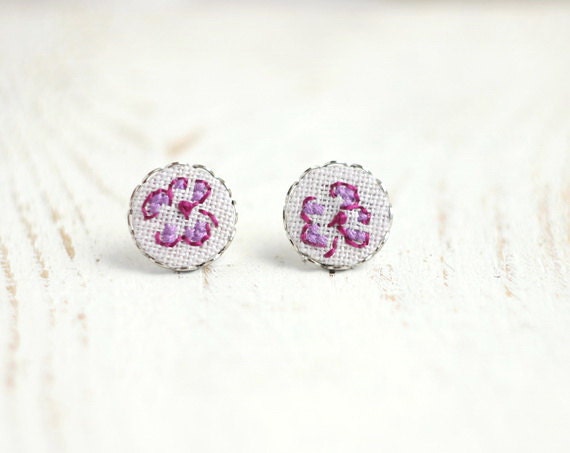 Purple stud earrings with tiny flowers
