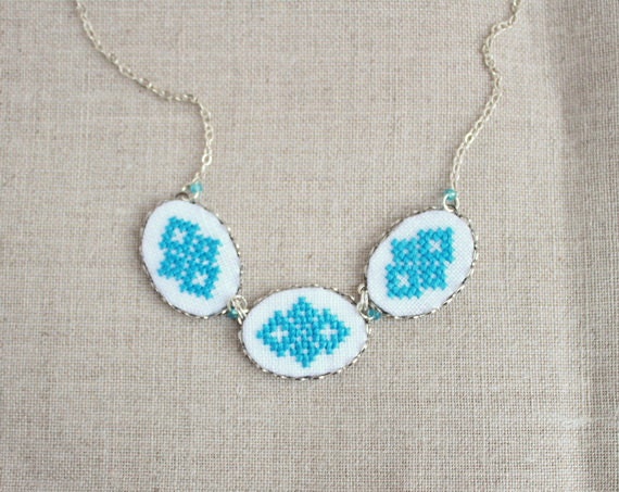 Hand embroidered necklace with three blue Ukrainian ornament in silvertone