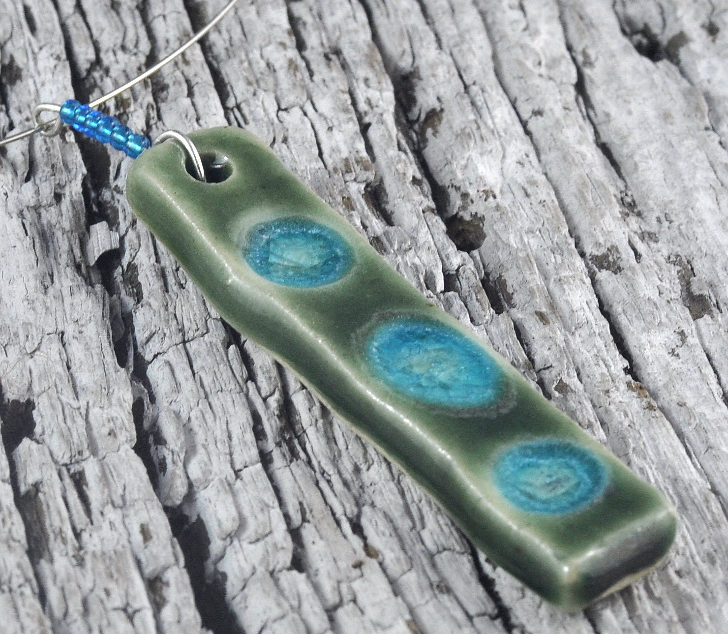 Green Ceramic Pendant with Seed Beads on Memory Wire Necklace