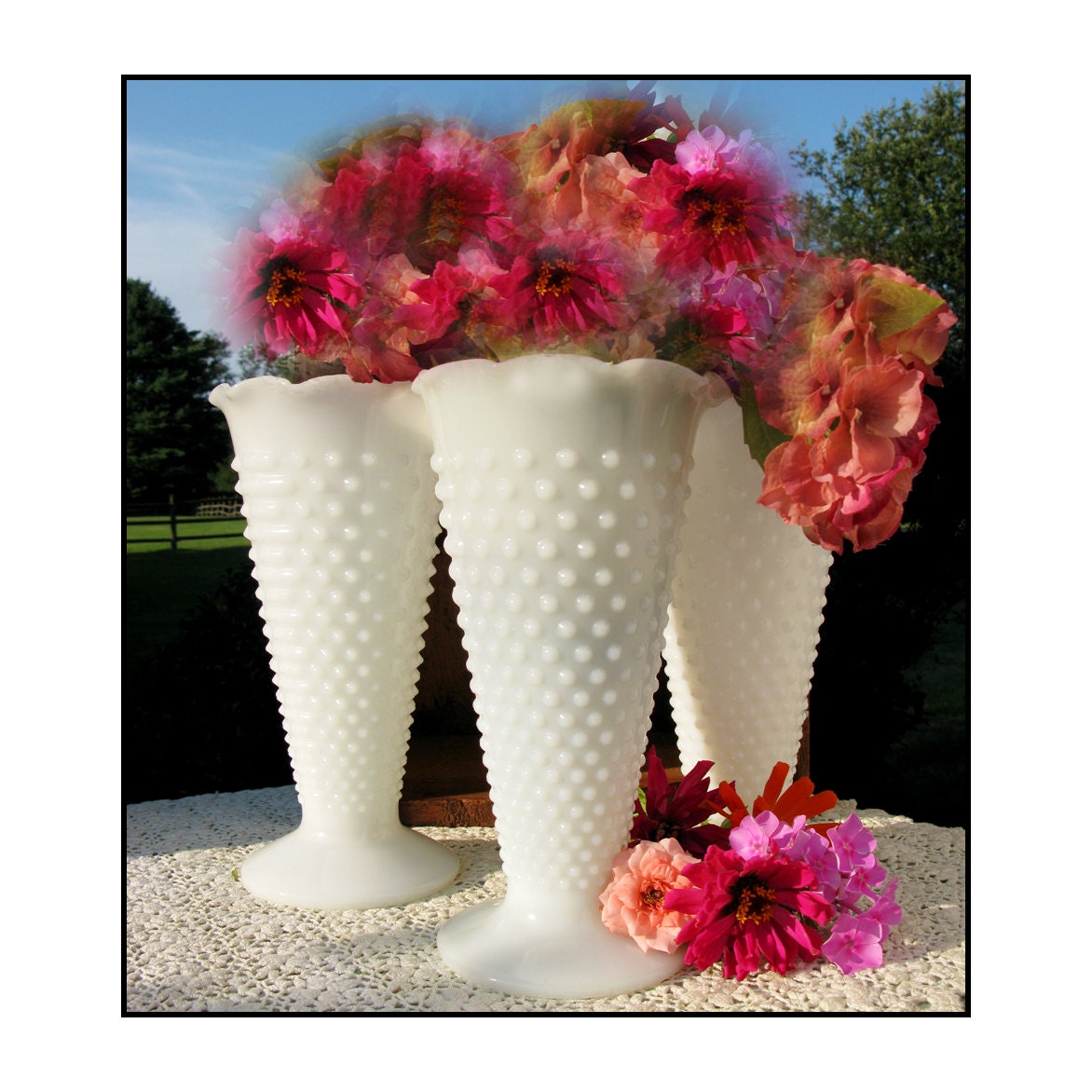 Milk Glass Hobnail Vases - Shabby Chic Trio