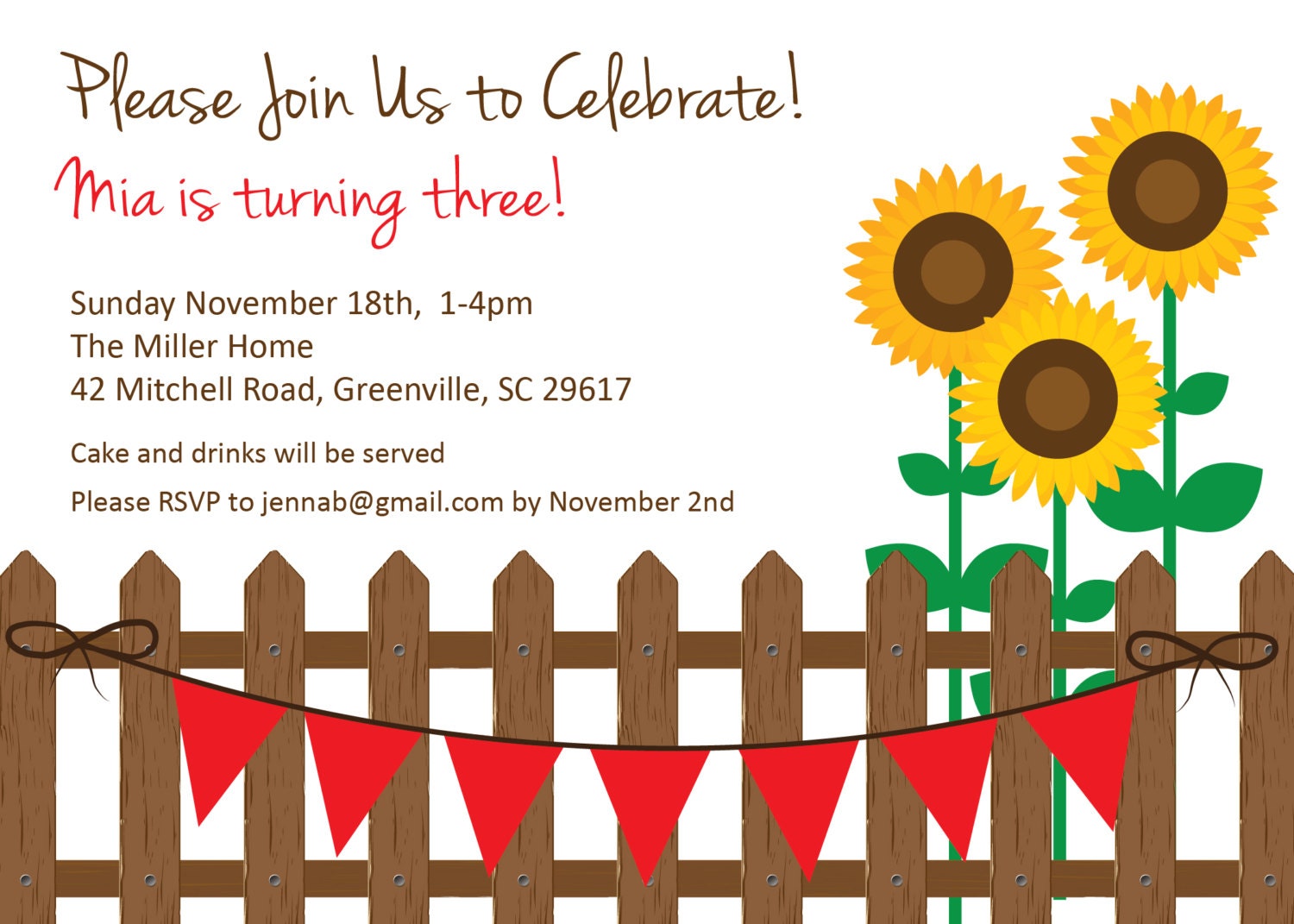 Printable Sunflower Pennant Banner Birthday Invitation, Country,  Rustic, Red, DIY digital file
