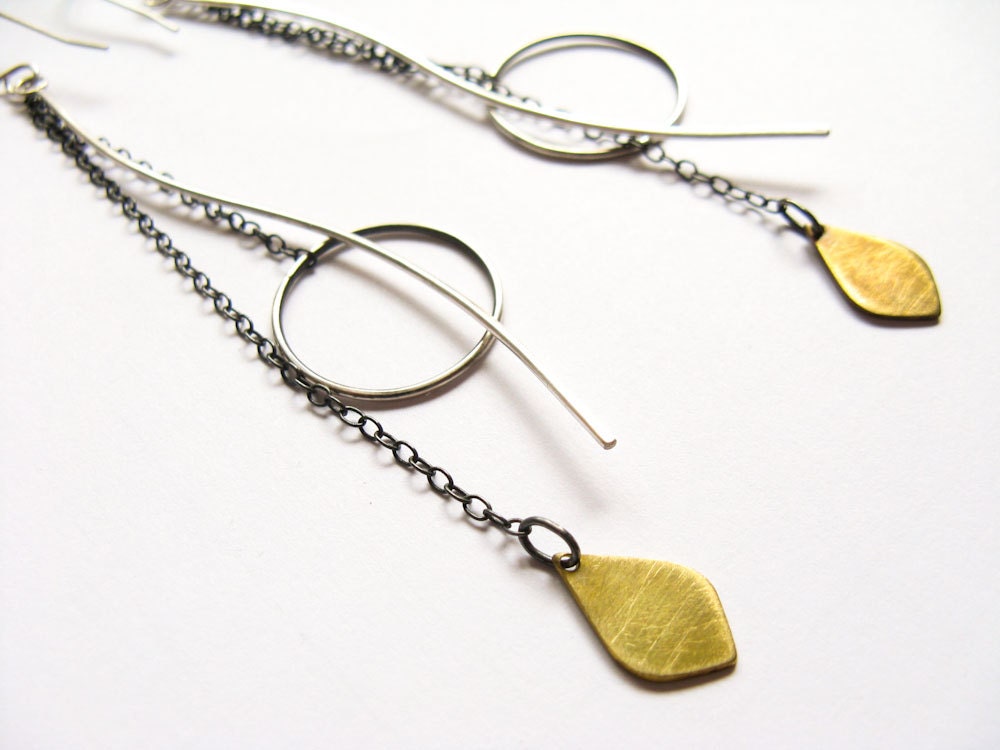 Super Long sterling silver earrings with brass petal, moon over the tree by misluo
