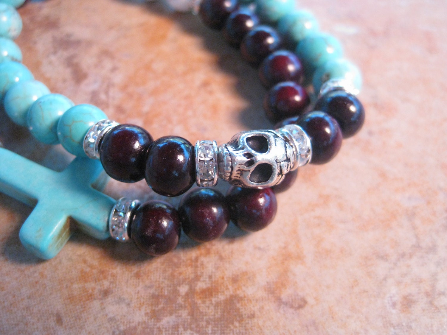 ONE Silver Sugar Skull Tierracast bead, turquoise howlite, sandlewood bead stretch bracelet, stackable bracelet, mix and match