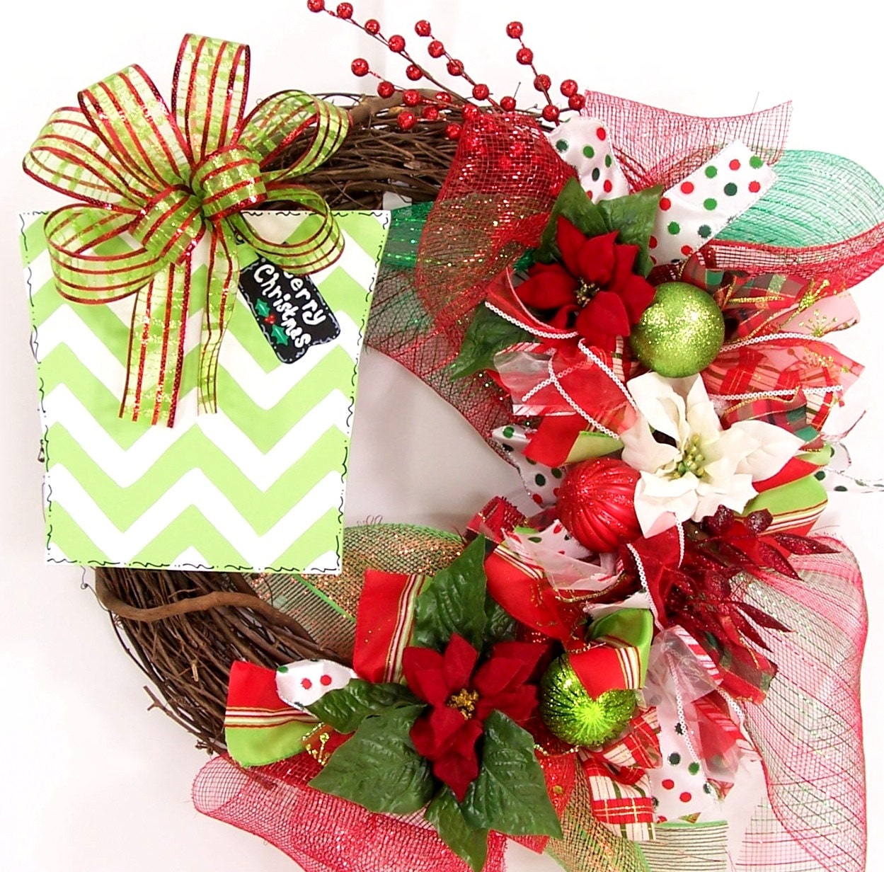 Christmas wreath chevron present deco mesh ribbon whimsical Holiday door decor decoration hanging