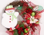 Christmas wreath snowman deco mesh ribbon whimsical winter Holiday front door decoration hanging