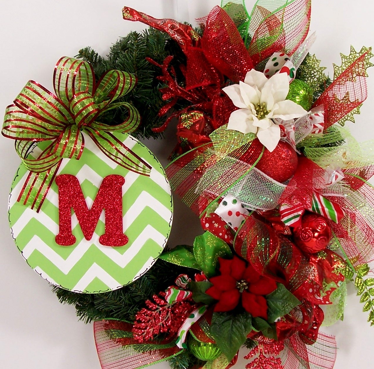 Christmas wreath mongram chevron initial letter deco mesh ribbon whimsical Holiday red lime green