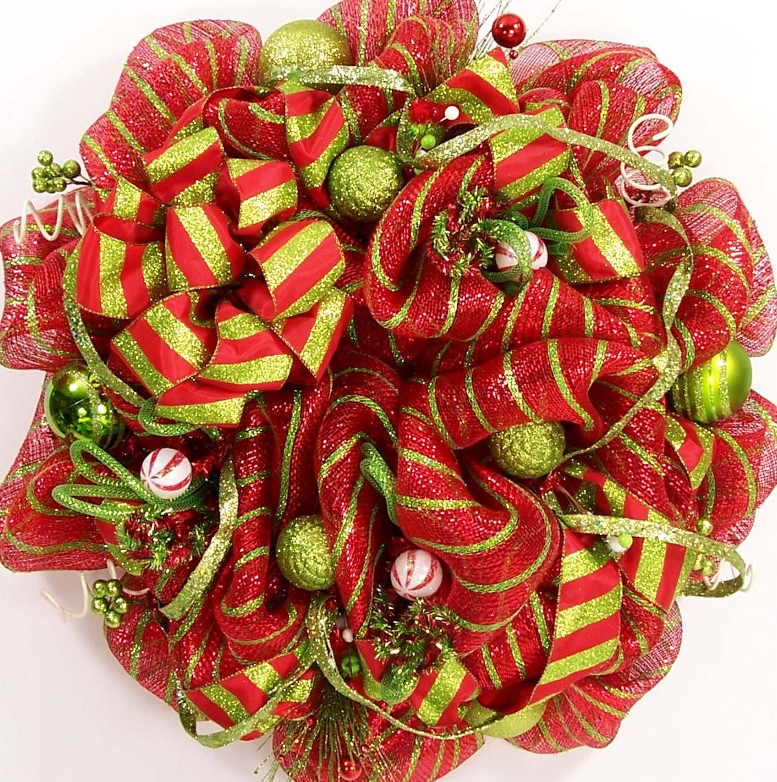 Christmas wreath deco mesh whimsical Holiday red lime green glitter door decor decoration hanging