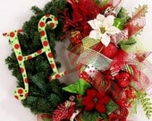 Monogram Christmas wreath initial letter mesh ribbon Holiday door decor decoration hanging