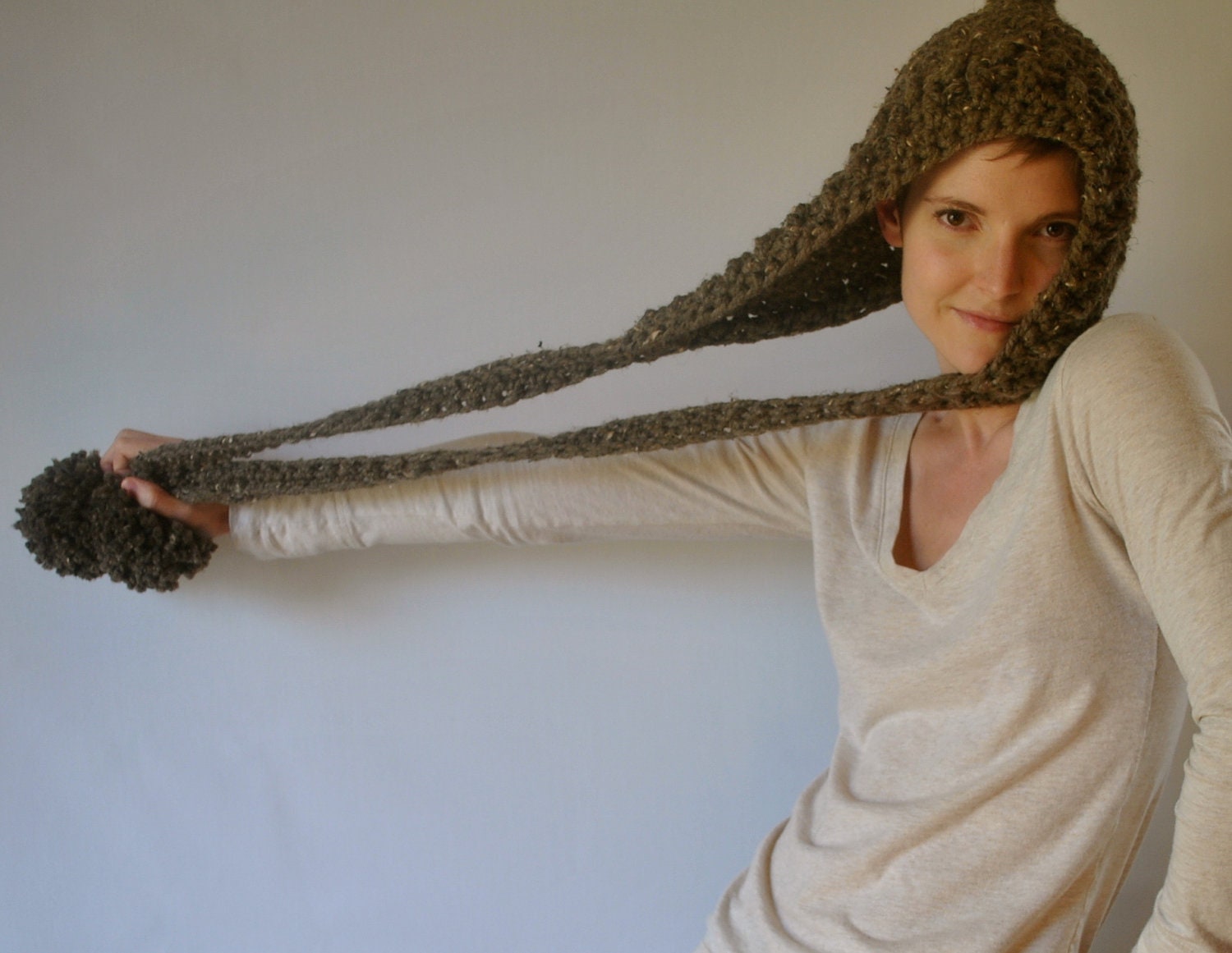 chunky elf hood with giant poms - barley - the estella