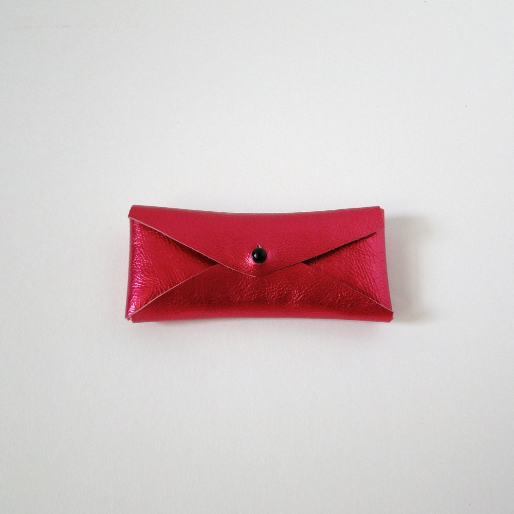Leather Mini Business Card Case - Metallic Magenta Pink