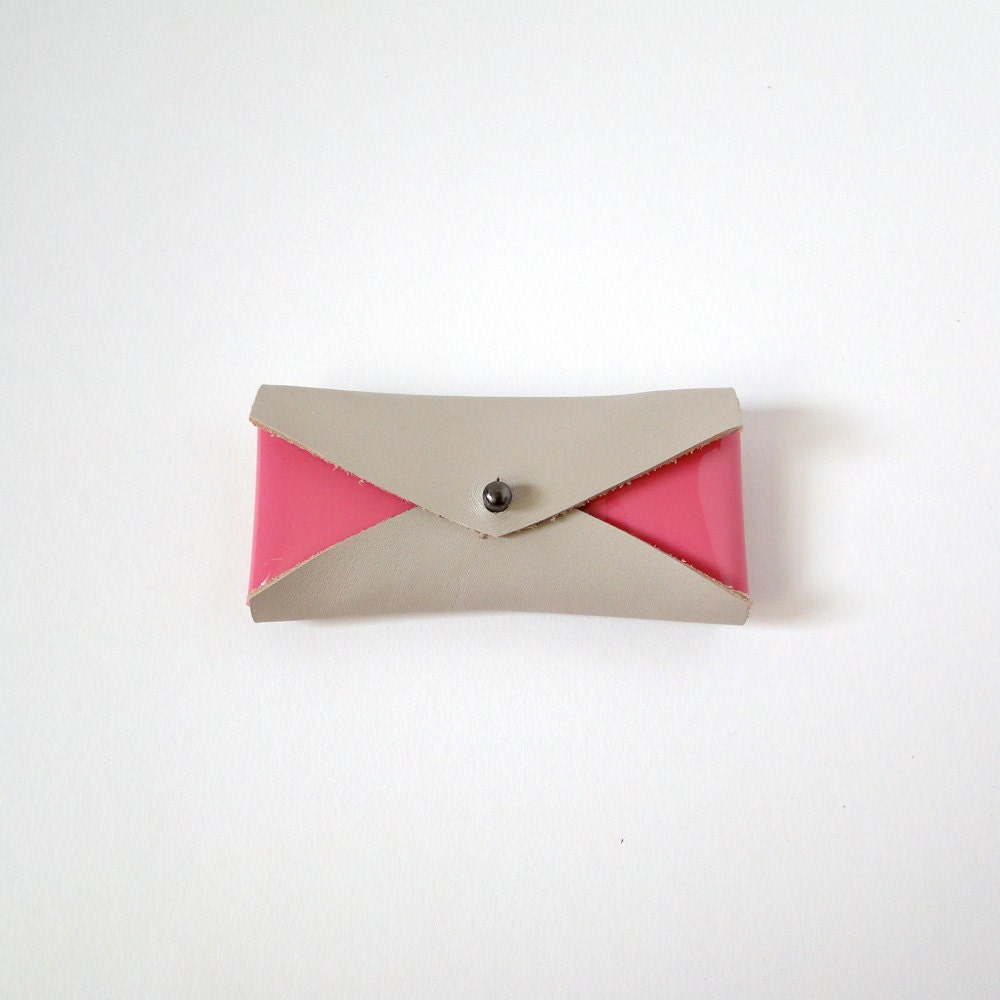 Leather Mini Business Card Case - Tan & Patent Leather Pink Color Block