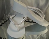 White Wedge Bridal Flip Flops White Wedge Rhinestone and Heart Flip Flops