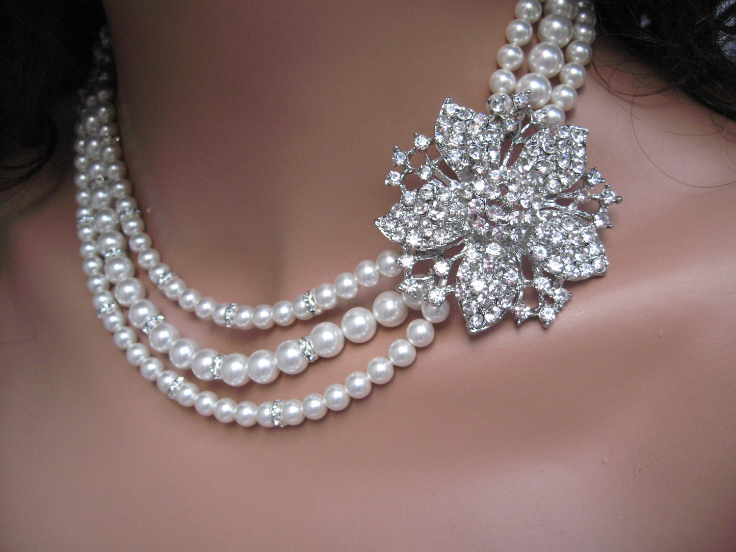 Vintage Style Swarovski Pearl and Crystal Flower Bridal Necklace Triple Strand Pearl Flower Rhinestone Brooch Necklace Bridal Jewelry